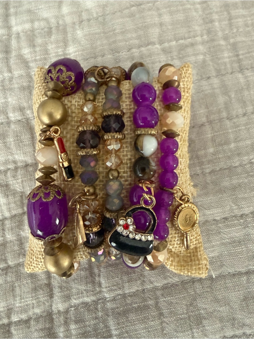 Purple Beaded Charm Bracelet Set with Gold Accents Set of 5